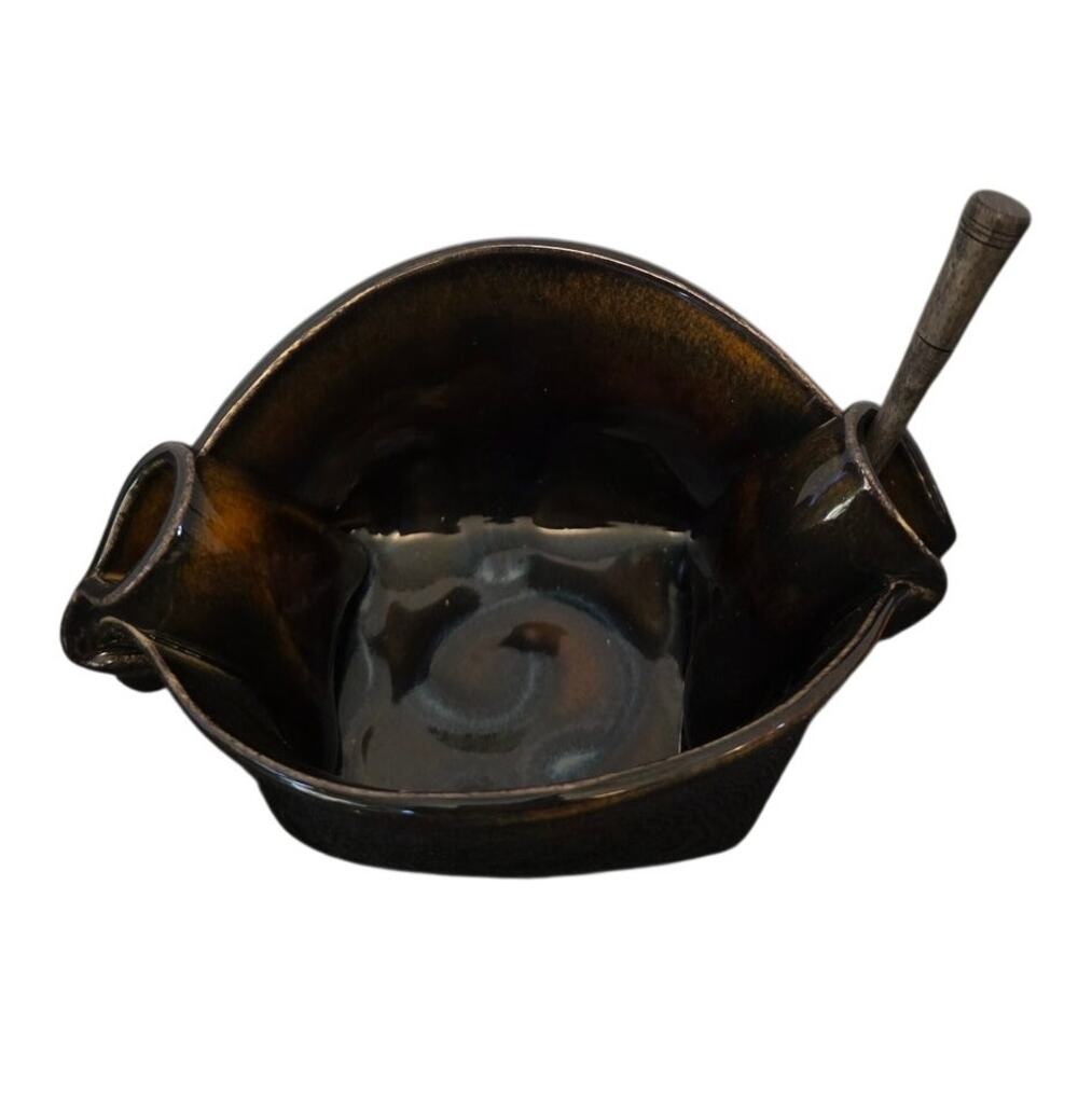 Signed Hilborn Canadian Studio Pottery Brown Pinch Pot Bowl & Rosewood Knife